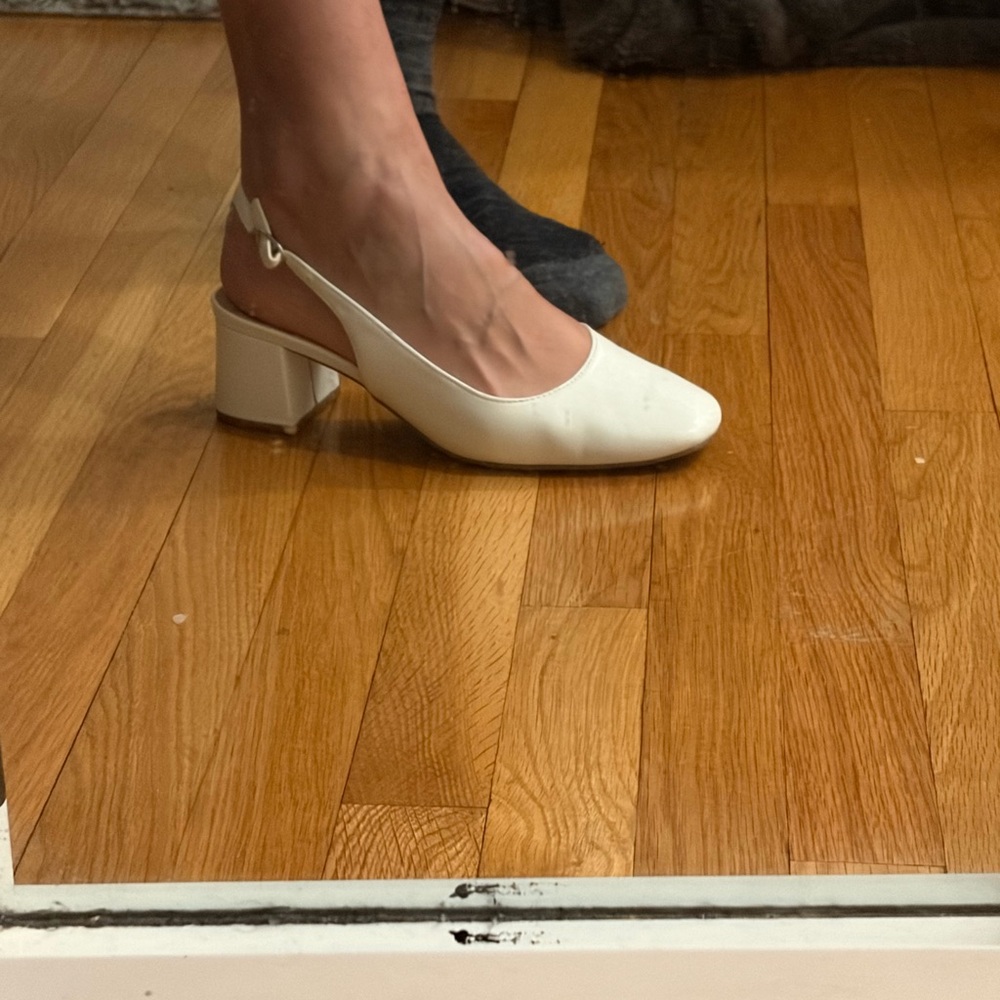 White sling back block heel. 2 inch heel